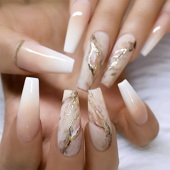 24pcs Nude Pink Press On Nails Coffin Long Fake Nails Acrylic Gradient Nails - Picture 1 of 7